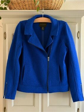 TAHARI Vibrant Blue Boiled Wool Blend Moto Jacket | Size Medium